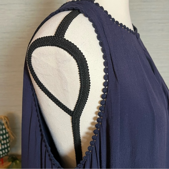 Maeve Anthropologie Size 12 Festivity Swing Dress Navy Blue Fringe Sleeveless - Picture 7 of 11